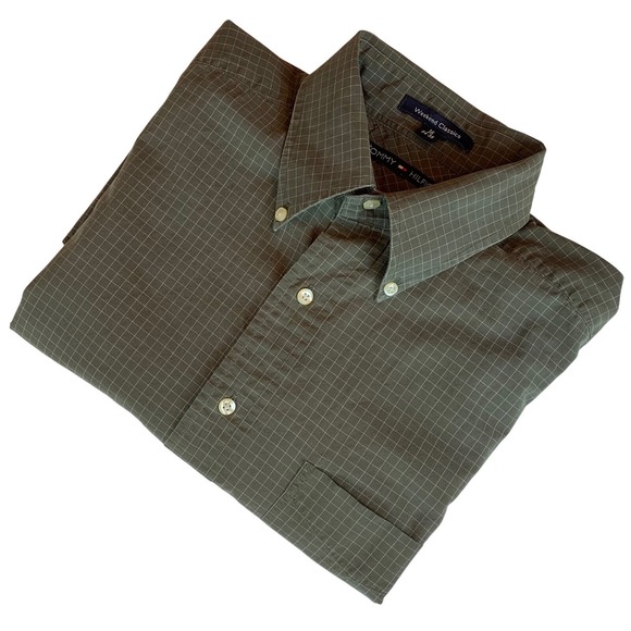 Tommy Hilfiger Other - Tommy Hilfiger Weekend Classics Mens 16 34-35 Green Windowpane‎ Cotton Shirt
